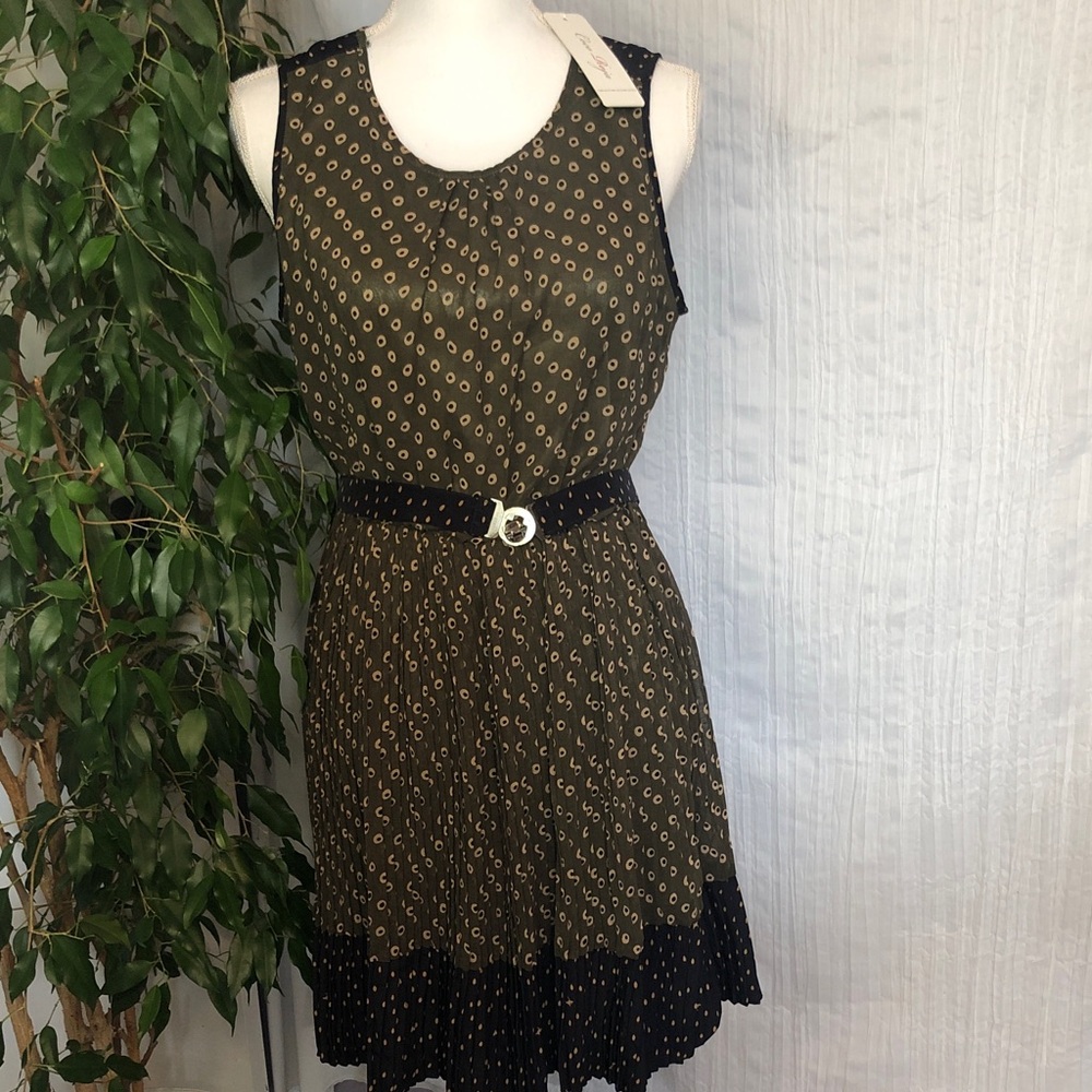 COCO ROJA Size L navy green polka dot sleeveless dressy casual pleated dress